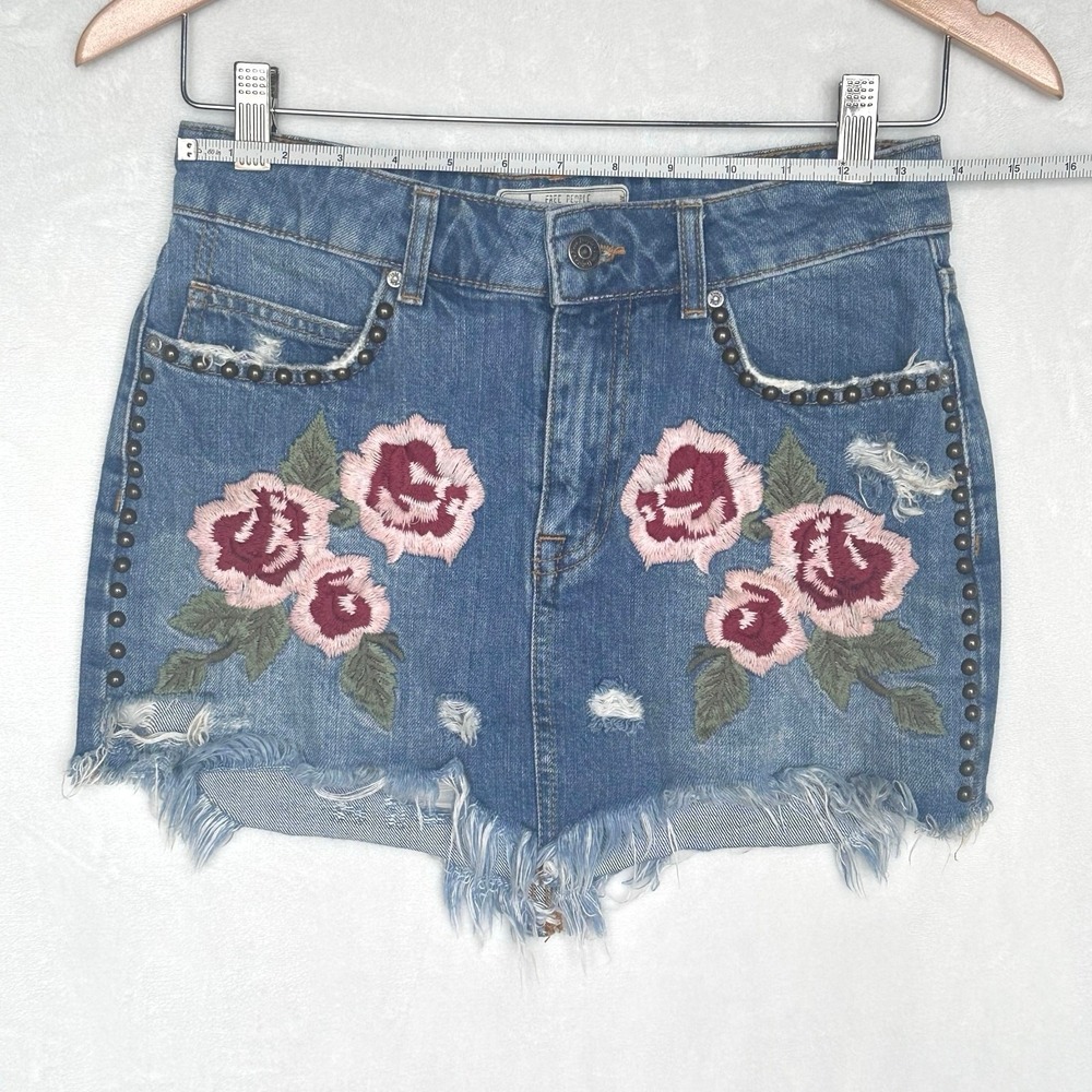 Coachella Free People Blue Denim Mini Skirt with Floral Embroidery